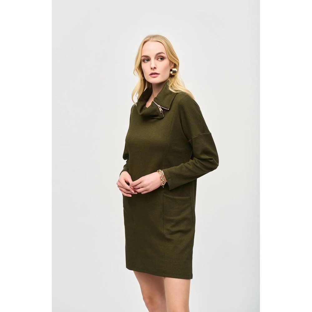 Joseph Ribkoff Needle Rib Cocoon Dress Olive Black Zip NWT 10 - Picture 1 of 11
